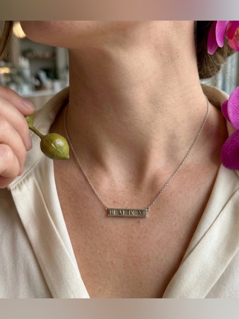 Authentic Tiffany & Co. Sterling Silver Atlas Roman Numeral Bar Pendant Necklace